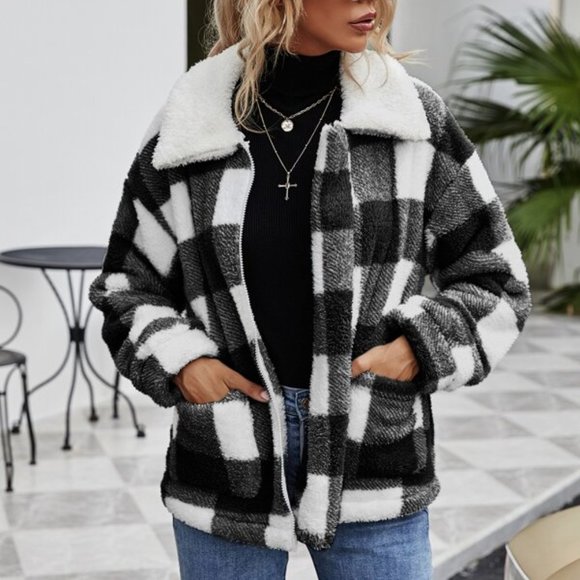 BOHO BABE Buffalo Plaid Zip Up Teddy Coat - Picture 5 of 7